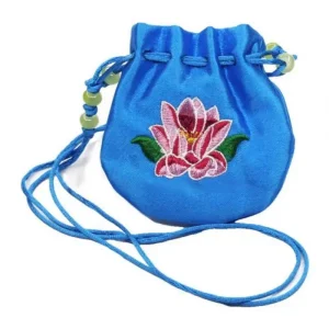 Round Satin Neck Drawstring Bags with Multicolored Embroidery